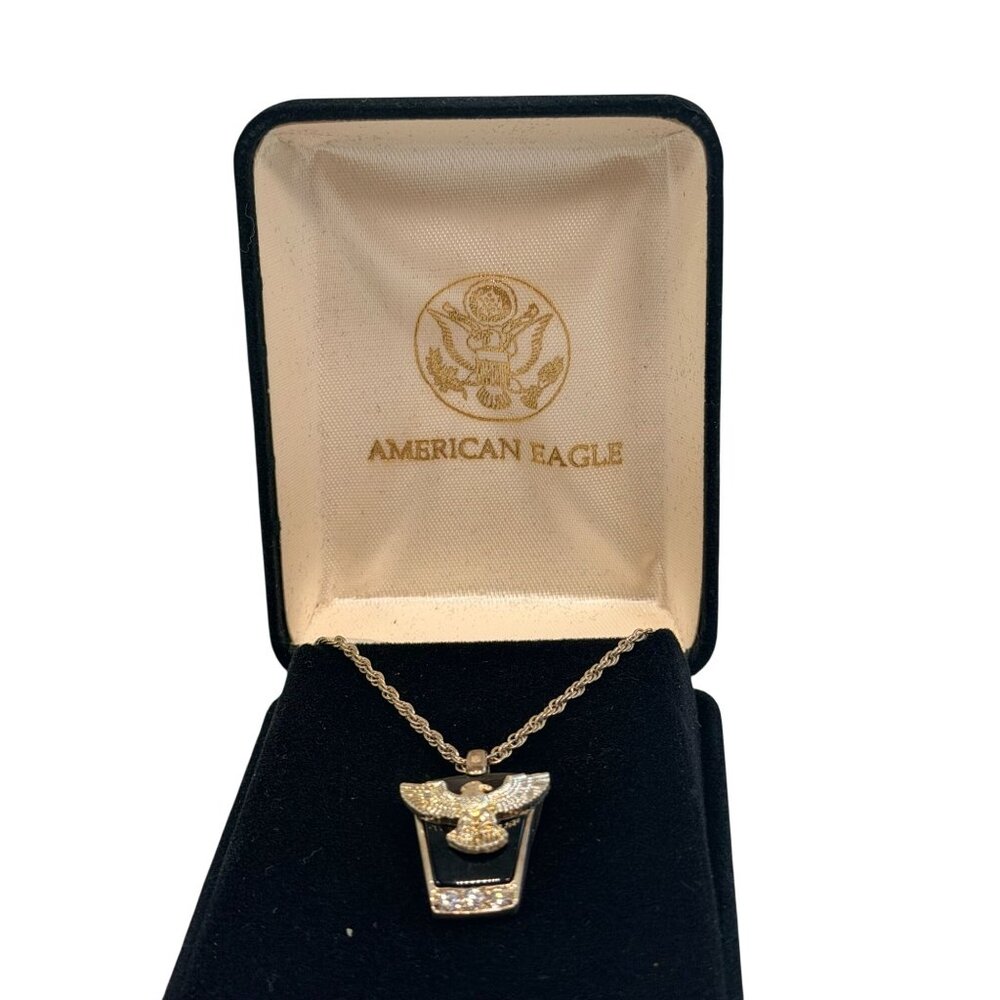 Vintage American Eagle Silver Tone Onyx Eagle Pendant Necklace CZ Stones 18" - Picture 4 of 11